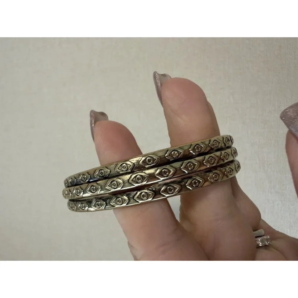 Vintage Brass Evil Eye Triple Band Cuff Bracelet Boho Tribal Adjustable Wide - Picture 6 of 10
